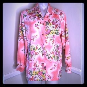 VINTAGE Floral Flower Print Long Sleeve Button Up